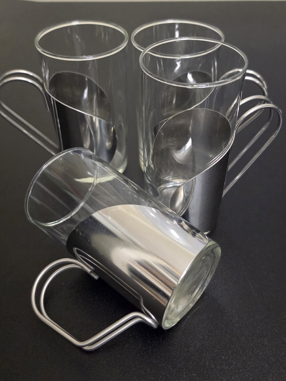 Set of 4 Vintage Glass Tumblers with Stainless Steel Stem Holders - Mid-Century